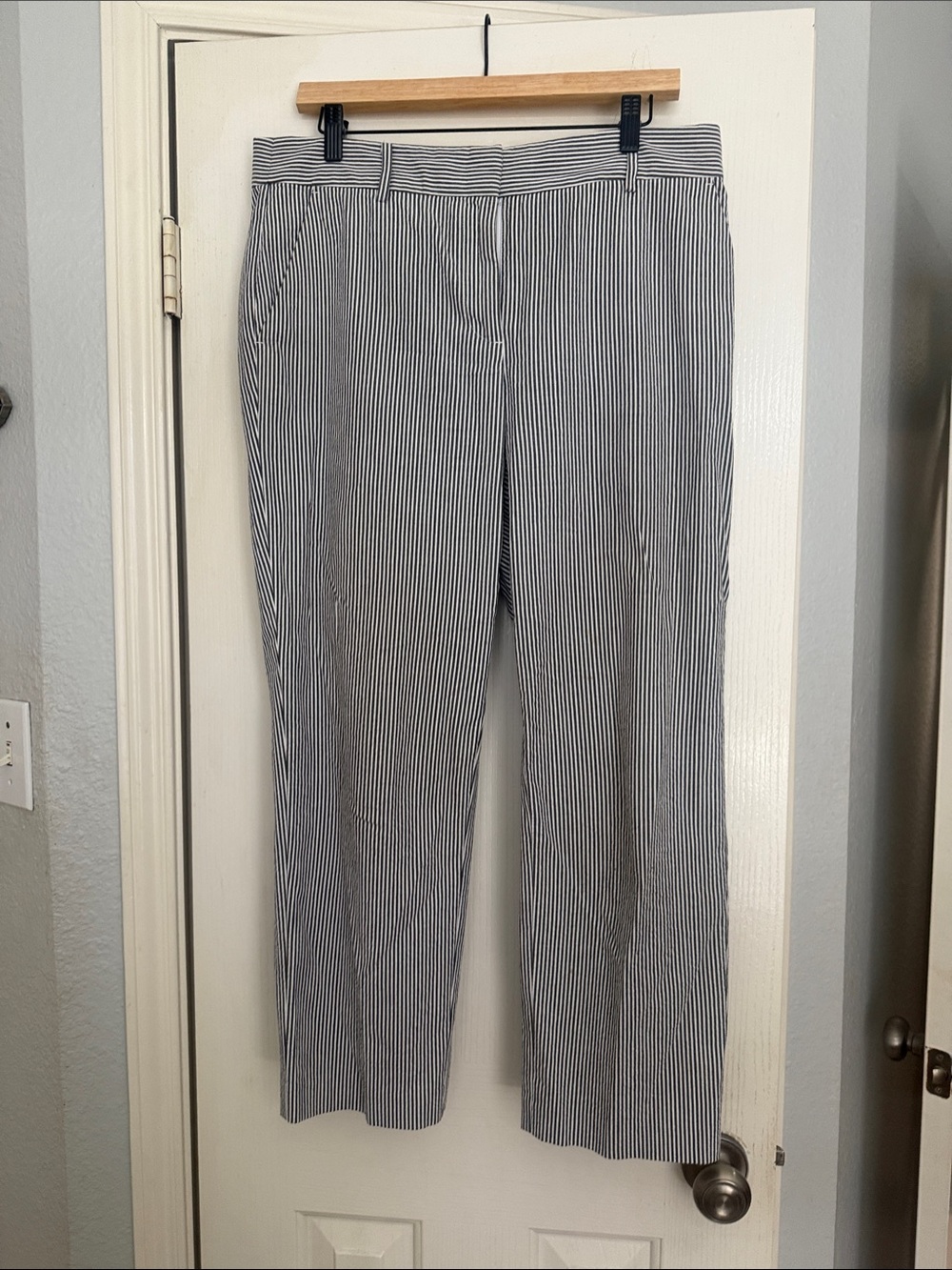 LOFT Grey and White Striped  Seersucker Trousers